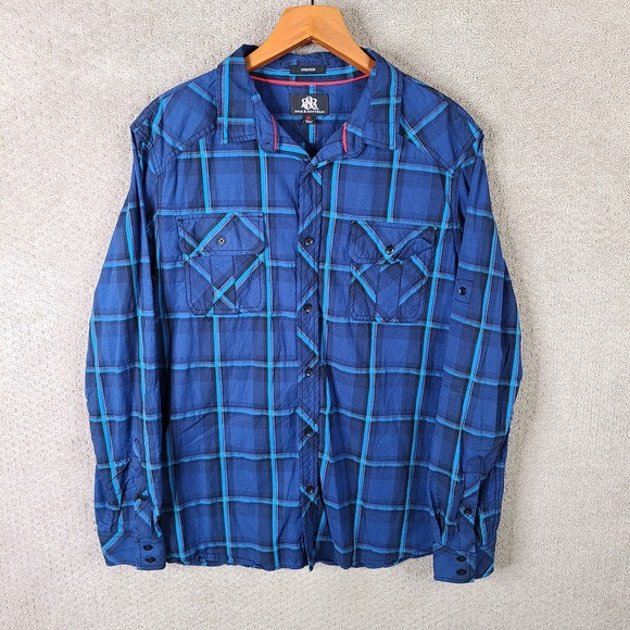 Rock Republic Shirt Mens XL Blue Check Button Down Pockets Cotton Blend Stretch - Picture 1 of 9